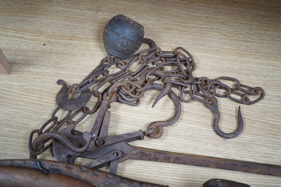 A 19th century Treen and iron yoke, 132cm. Condition - fair